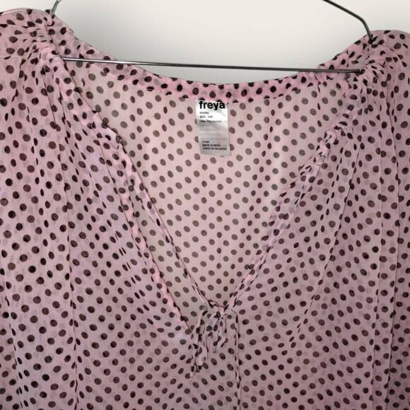 Freya Womens Top Sz S/M Relaxed Petal Pink‎ Polkadot Sheer Chiffon Casual Tie - Picture 3 of 9